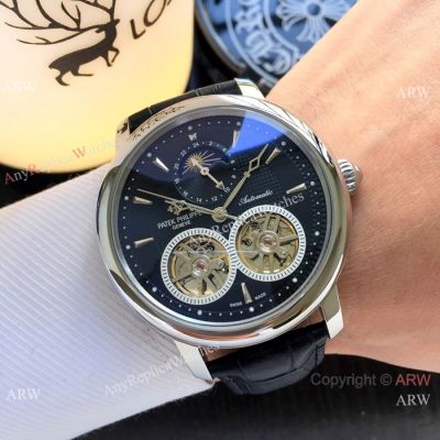 Patek Philippe Tourbillon Moonphase Fake Watches SS Black Face
